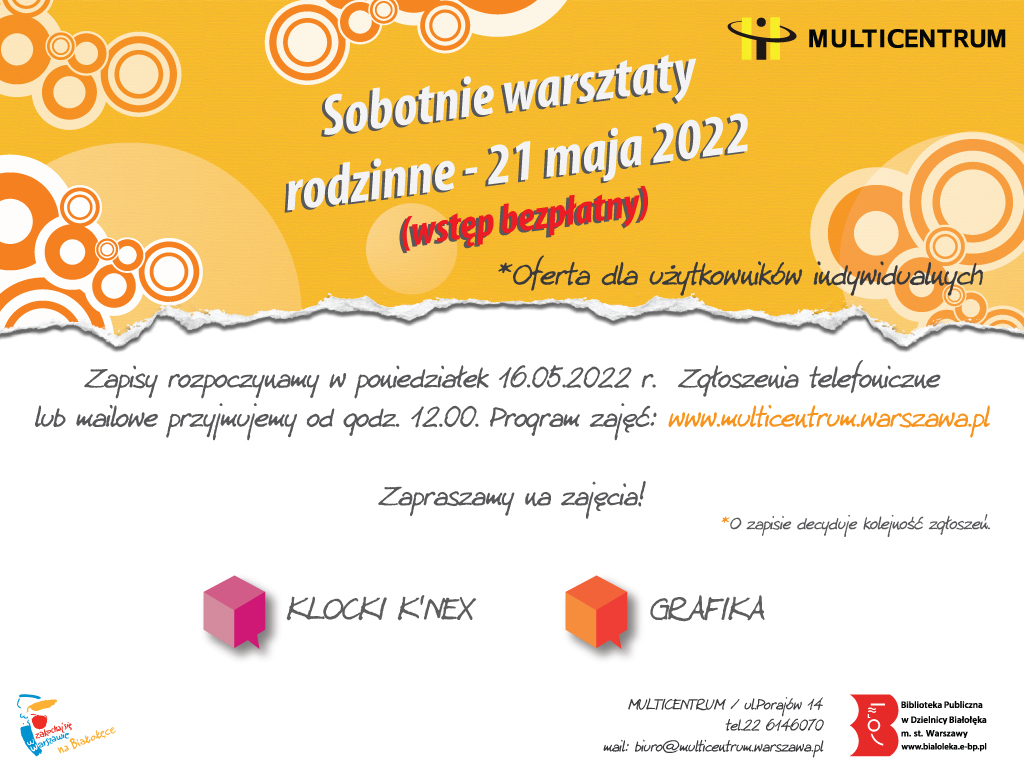 Read more about the article Zapisy na sobotnie warsztaty rodzinne – 21 maja 2022